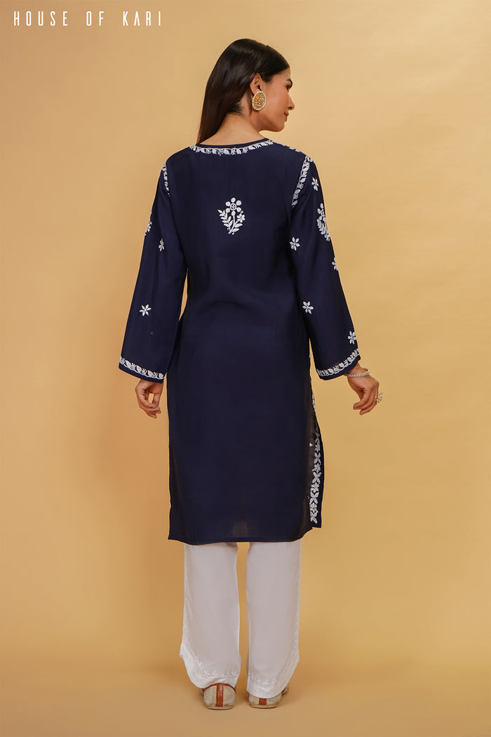Muslin Chikankari Long Kurta In Navy Blue