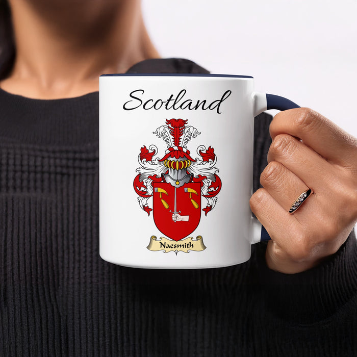 Naesmith 11 oz Scottish family crest ceramic mug showing a Scotland-topped heraldic emblem