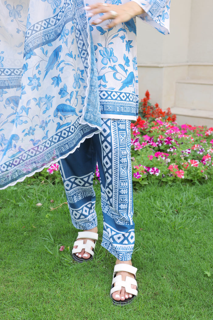 Neha x HOK in Ivory & Indigo Printed Lawn Cotton Co-ord Set with Straight Pants