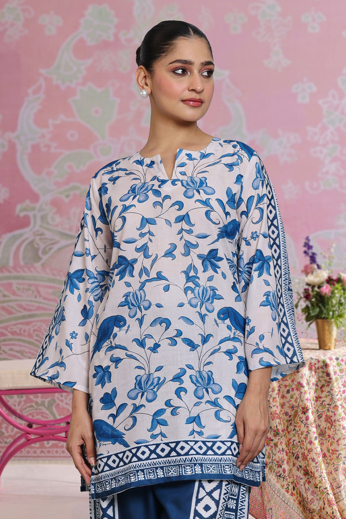 Neha x HOK in Ivory & Indigo Printed Lawn Cotton Co-ord Set with Straight Pants