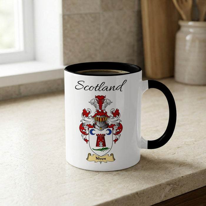 Niven Scottish family crest accent mug with Scotland lettering and coat of arms artwork