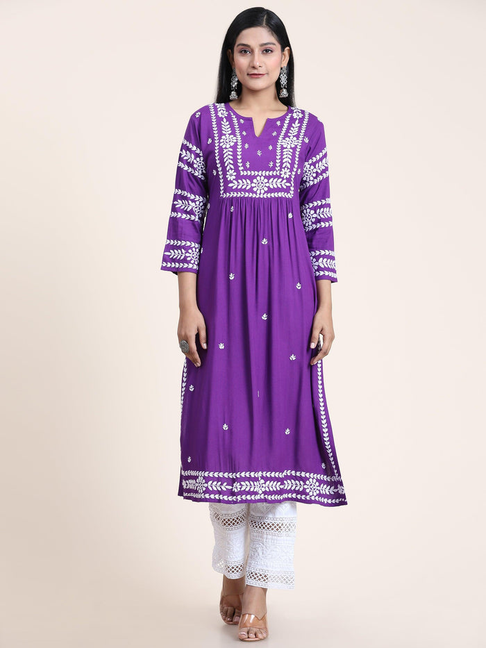 Noor Chikankari Long Kurta in Rayon Cotton for Women- Purple - House Of Kari (Chikankari Clothing)