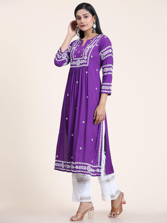 Noor Chikankari Long Kurta in Rayon Cotton for Women- Purple - House Of Kari (Chikankari Clothing)