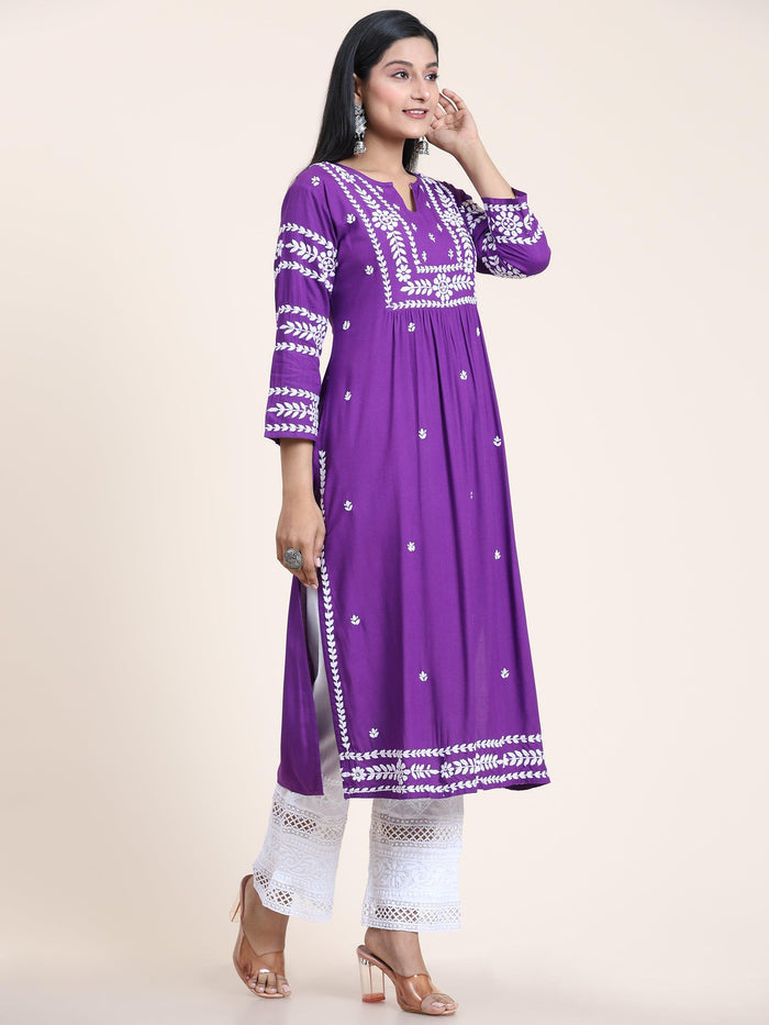 Noor Chikankari Long Kurta in Rayon Cotton for Women- Purple - House Of Kari (Chikankari Clothing)