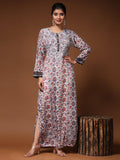 Noor Premium Printed PolySilk Chikankari Long gown for Women -Silver Floral Print - House Of Kari (Chikankari Clothing)