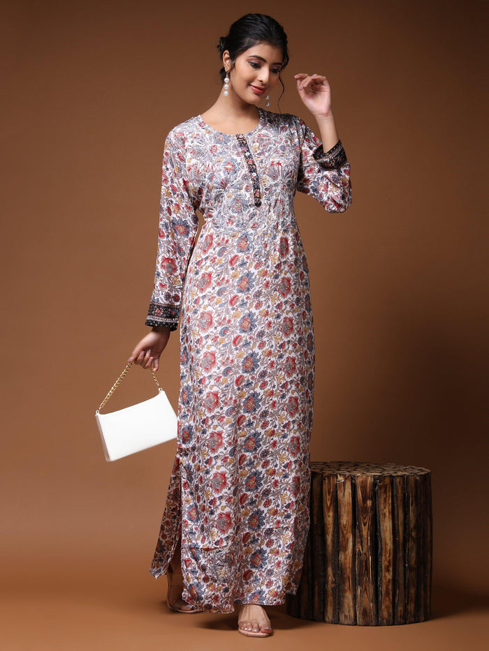 Noor Premium Printed PolySilk Chikankari Long gown for Women -Silver Floral Print - House Of Kari (Chikankari Clothing)