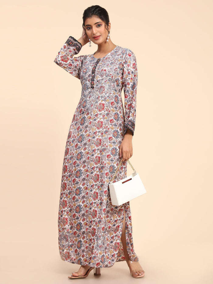 Noor Premium Printed PolySilk Chikankari Long gown for Women -Silver Floral Print - House Of Kari (Chikankari Clothing)