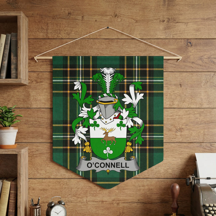 O'Connell family crest pennant hanging on a wooden wall