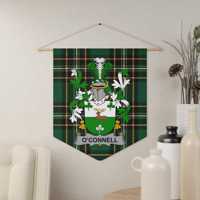 O'Connell family crest banner with Irish National Tartan hanging on a wall