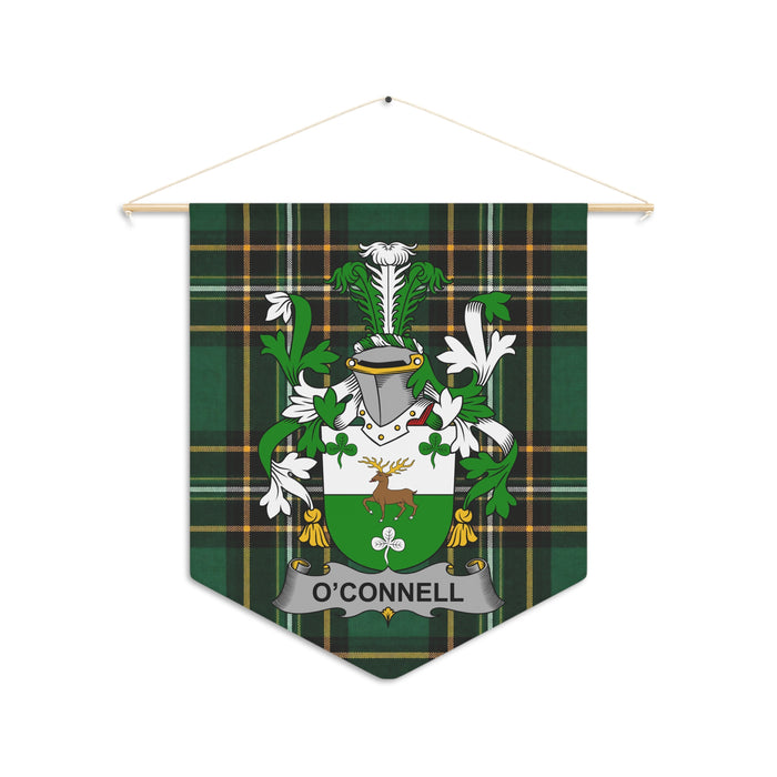O'Connell family crest pennant with a wooden dowel on the Irish National Tartan