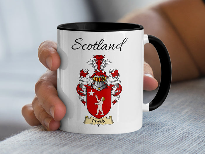 Oswald Scottish family crest accent mug with Scotland above the coat of arms design