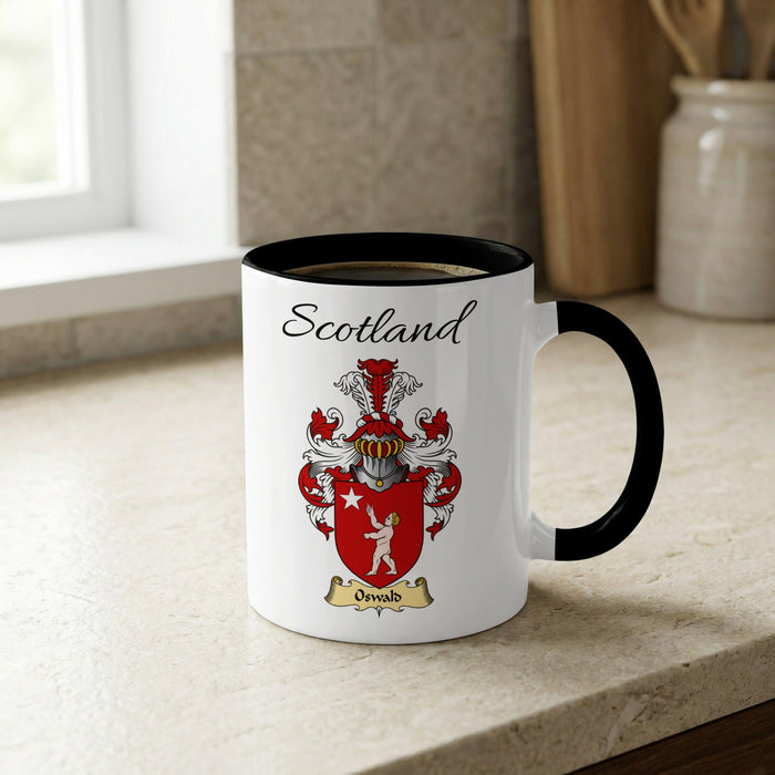 Oswald Scottish family crest accent mug with Scotland lettering and coat of arms artwork