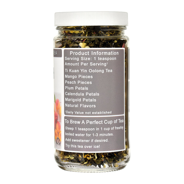 A jar of Peach Ti Kuan Yin Oolong Tea with a white lid and a gray label, shown on a plain white background.