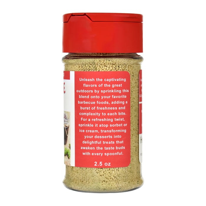 Pine Needle Sprinkle jar with red label and red lid on a white background