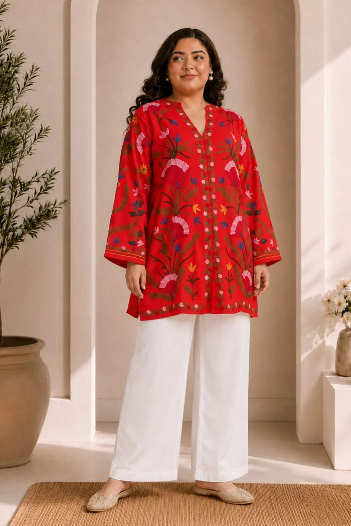 Plus Size - Kashmiri Aari Work Cotton Kurta Jacket – Red