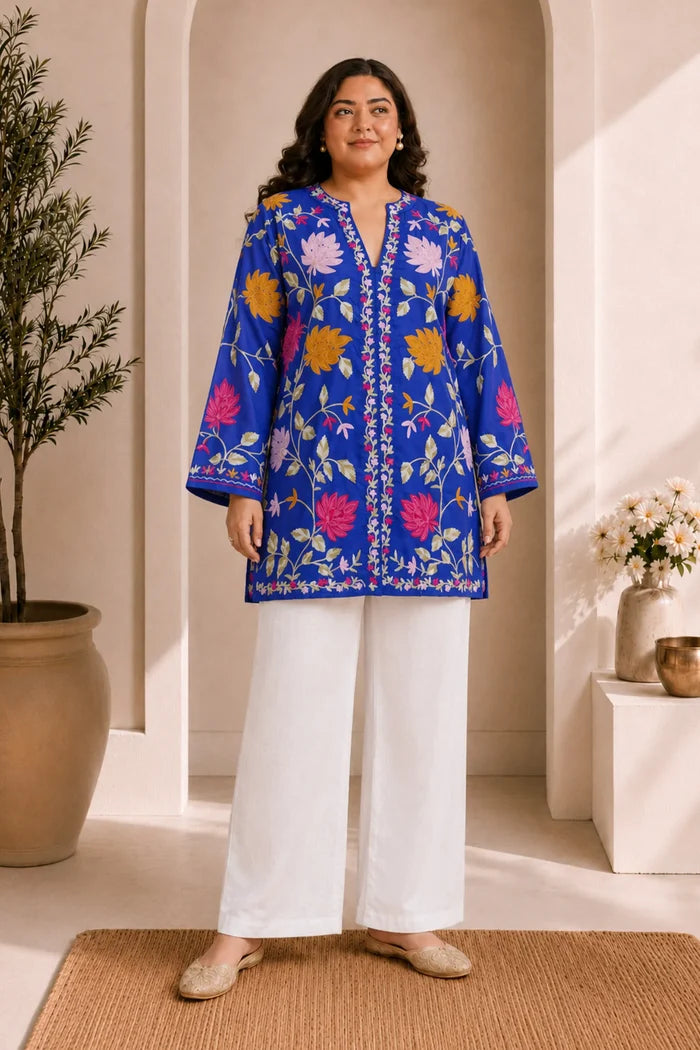 Plus Size - Kashmiri Aari Work Cotton Kurta Jacket – Royal Blue
