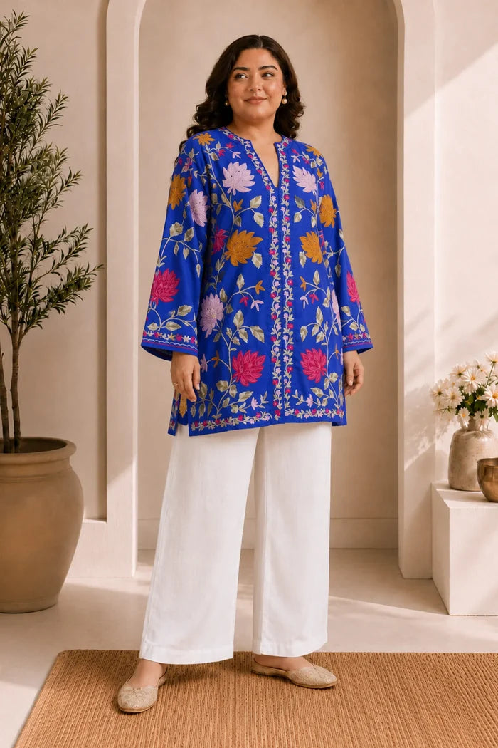 Plus Size - Kashmiri Aari Work Cotton Kurta Jacket – Royal Blue