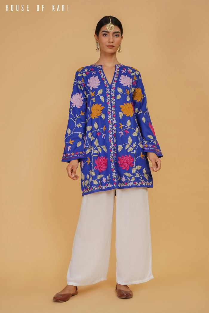 Plus Size - Kashmiri Aari Work Cotton Kurta Jacket – Royal Blue