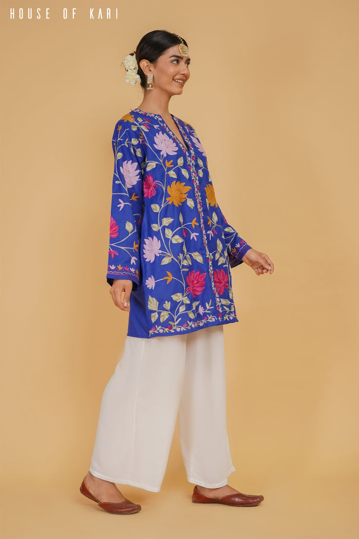 Plus Size - Kashmiri Aari Work Cotton Kurta Jacket – Royal Blue