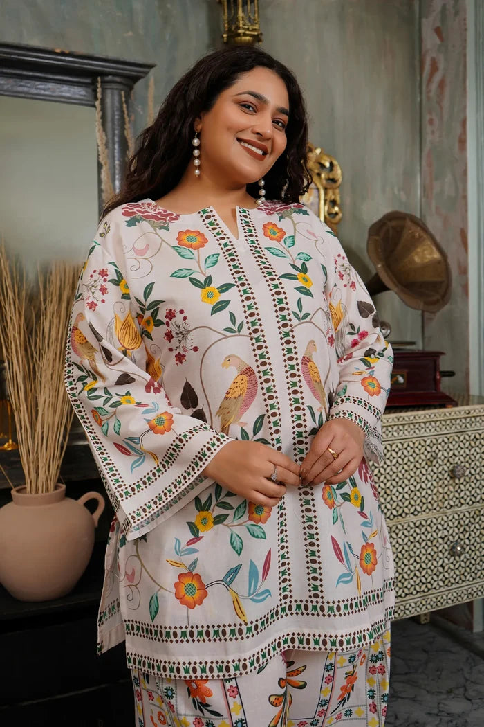 Plus Size - Lawn Cotton Co-ord Set - Off White with Bird and Floral Print with Farsi Pant
