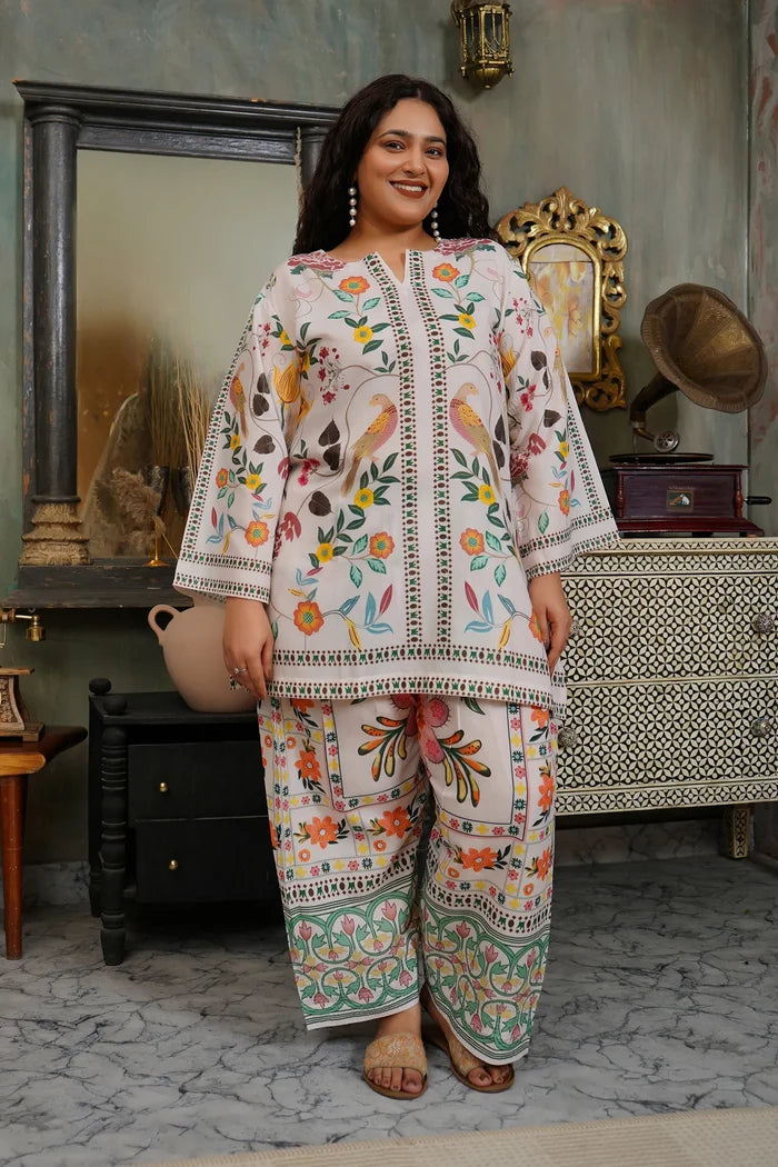 Plus Size - Lawn Cotton Co-ord Set - Off White with Bird and Floral Print with Farsi Pant