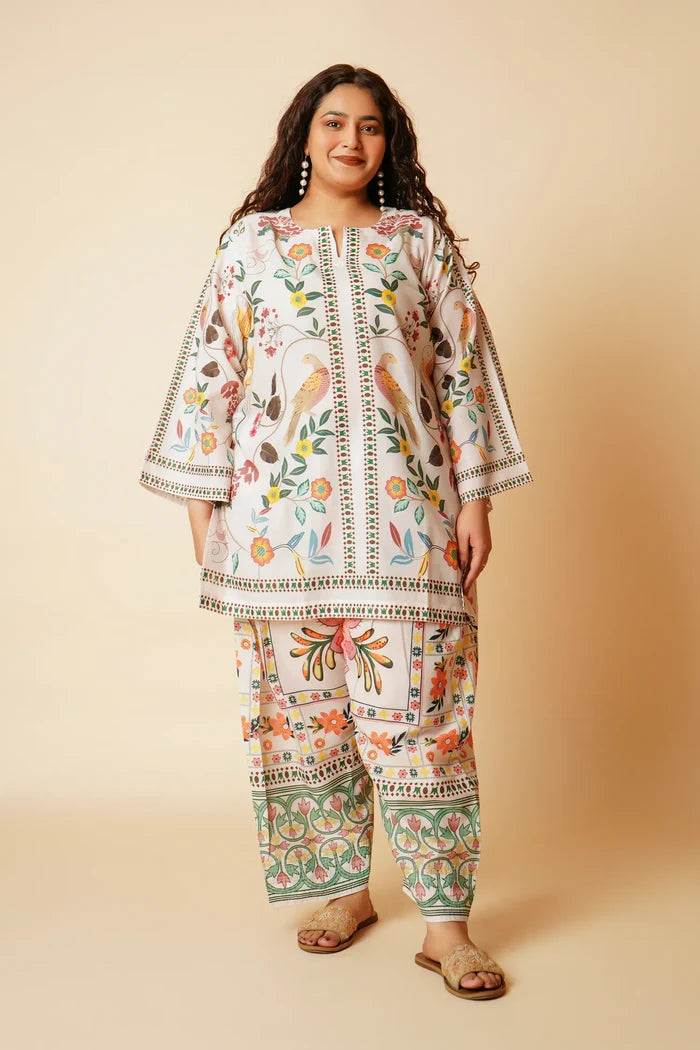Plus Size - Lawn Cotton Co-ord Set - Off White with Bird and Floral Print with Farsi Pant