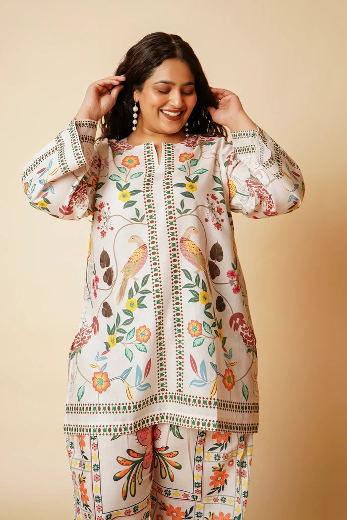 Plus Size - Lawn Cotton Co-ord Set - Off White with Bird and Floral Print with Farsi Pant