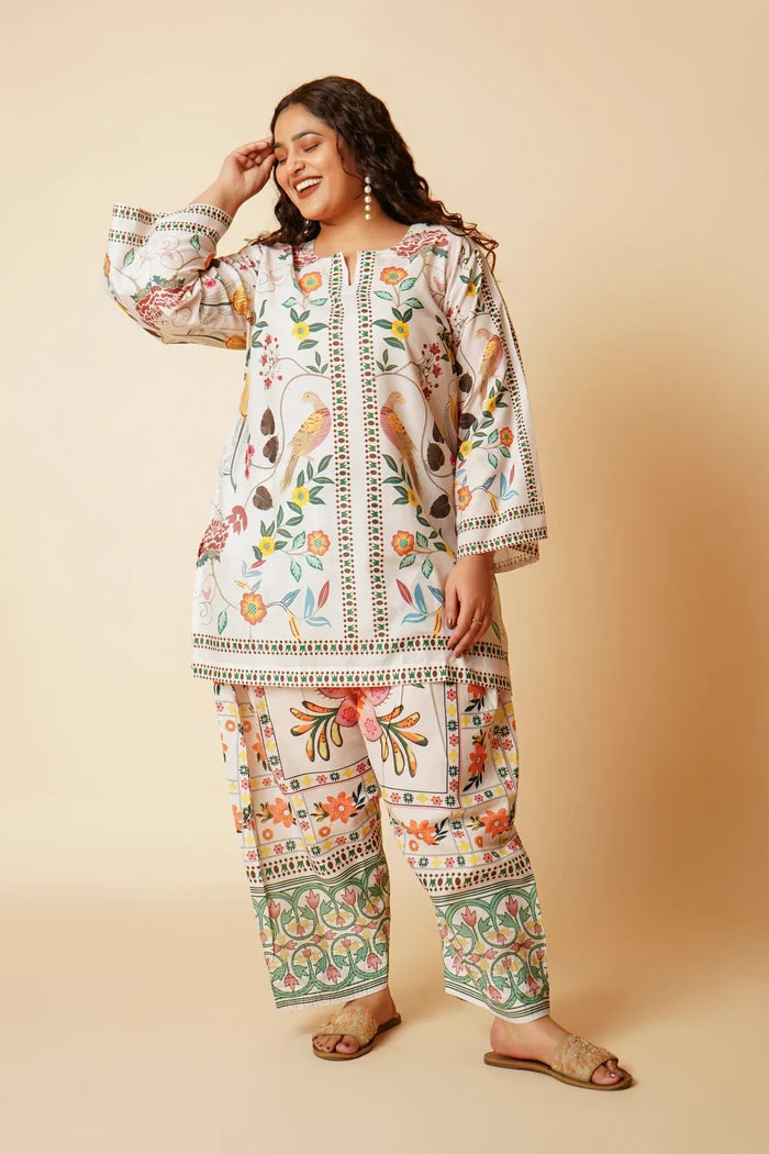 Plus Size - Lawn Cotton Co-ord Set - Off White with Bird and Floral Print with Farsi Pant