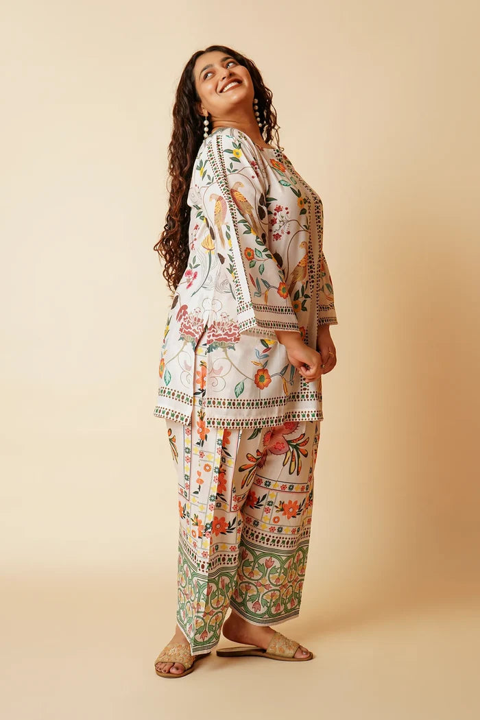 Plus Size - Lawn Cotton Co-ord Set - Off White with Bird and Floral Print with Farsi Pant