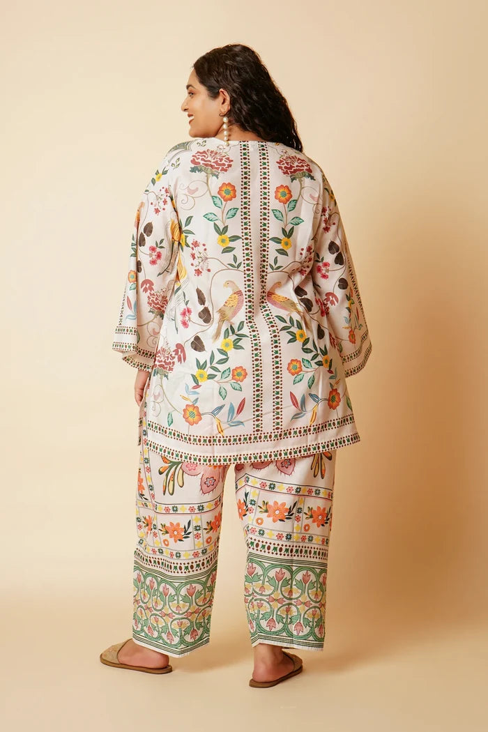 Plus Size - Lawn Cotton Co-ord Set - Off White with Bird and Floral Print with Farsi Pant
