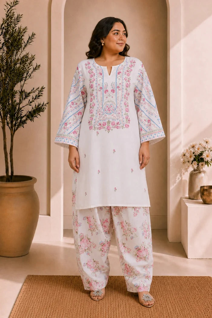 Plus Size - Lawn Cotton Co-ord Set - White with Pink Floral Print with Farsi Pant