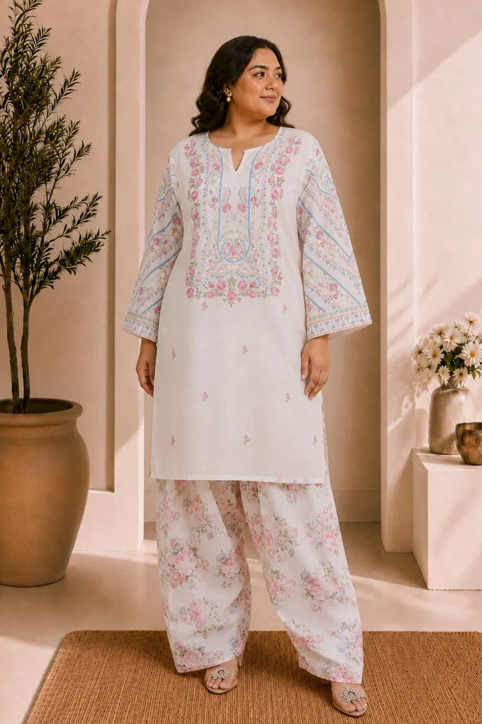 Plus Size - Lawn Cotton Co-ord Set - White with Pink Floral Print with Farsi Pant