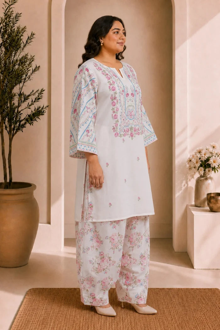 Plus Size - Lawn Cotton Co-ord Set - White with Pink Floral Print with Farsi Pant