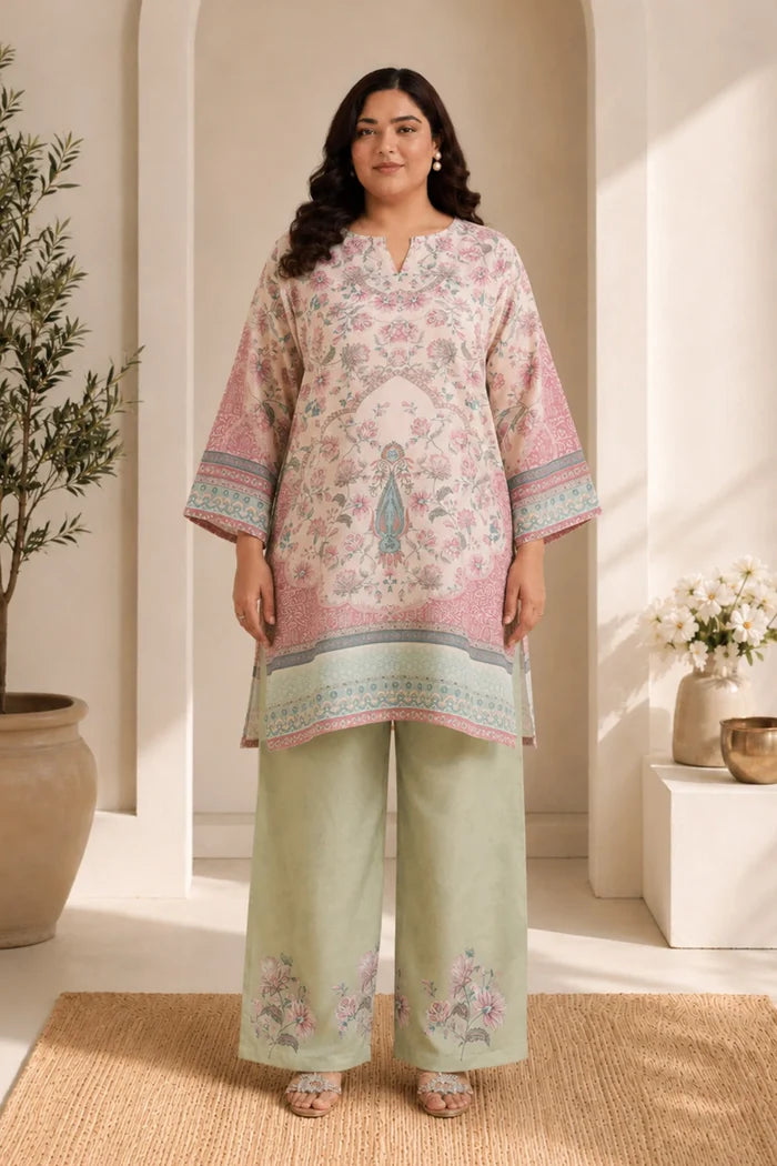 Plus Size - Lawn Cotton Printkari Co-ord Set – Ivory Pastel Floral with Straight Pant