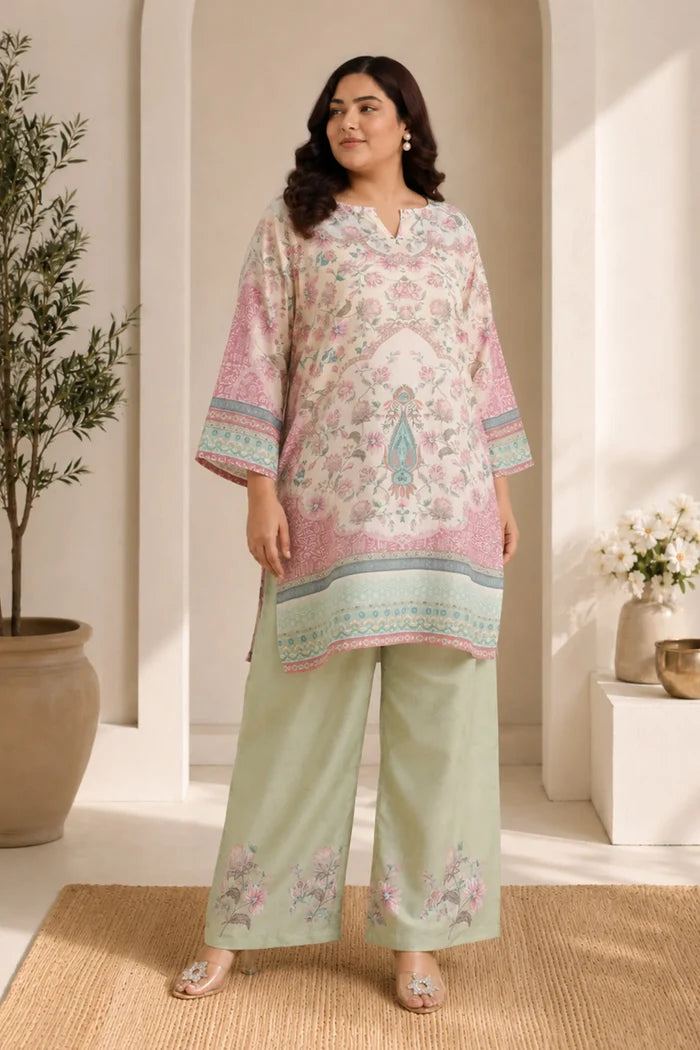 Plus Size - Lawn Cotton Printkari Co-ord Set – Ivory Pastel Floral with Straight Pant