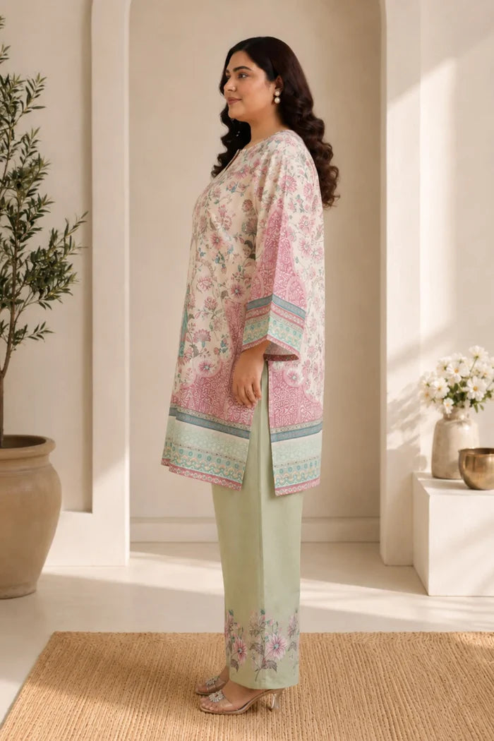 Plus Size - Lawn Cotton Printkari Co-ord Set – Ivory Pastel Floral with Straight Pant