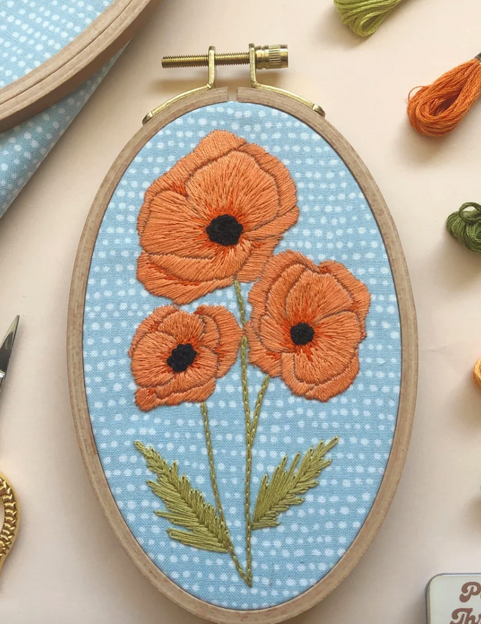 Poppies - Intermediate Floral Hand Embroidery Kit -- MCreativeJ