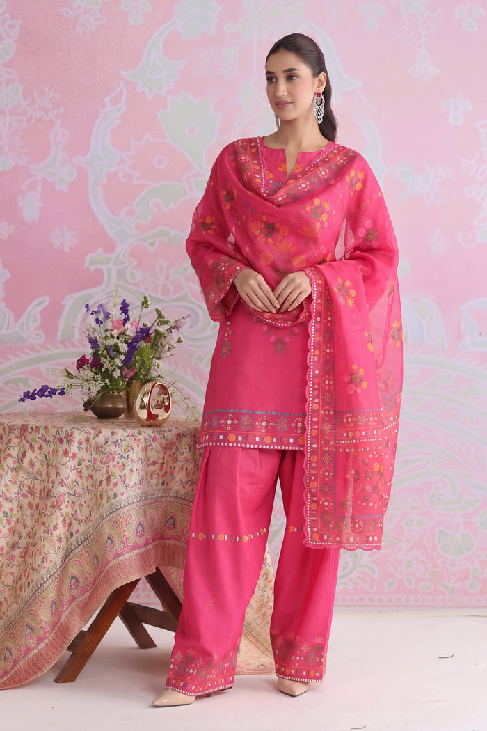 Prabhman In Raspberry Pink Printed Lawn Cotton Co-ord Set with Farsi Pants