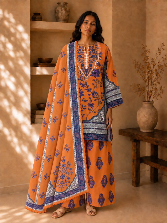 Printed Organza Dupatta in Apricot orange