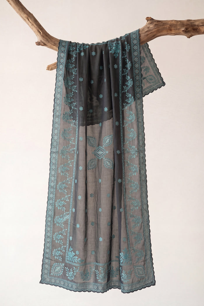 Printed Organza Dupatta in Black and Teal