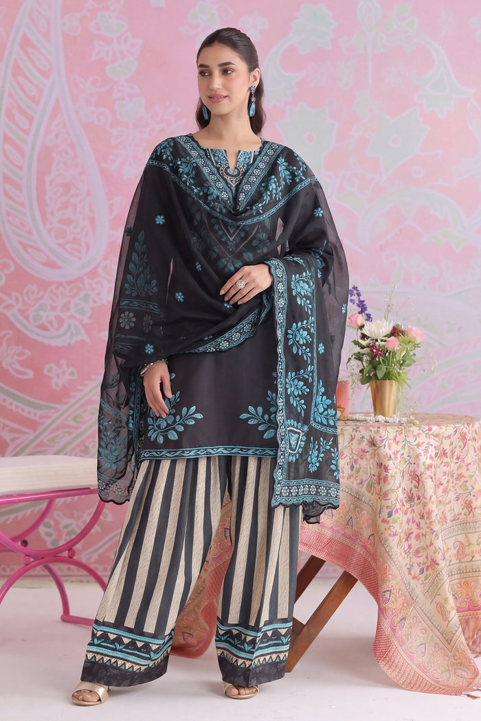 Printed Organza Dupatta in Black and Teal