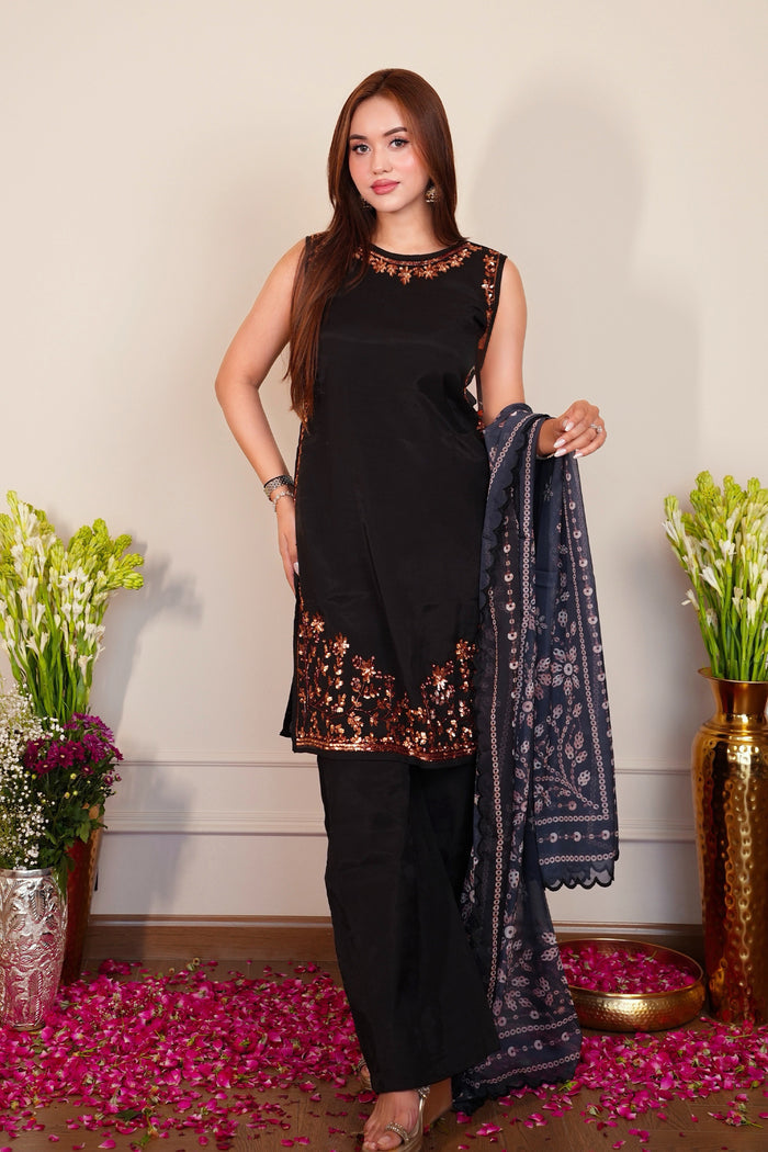 Printed Organza Dupatta in Black Rose Gold