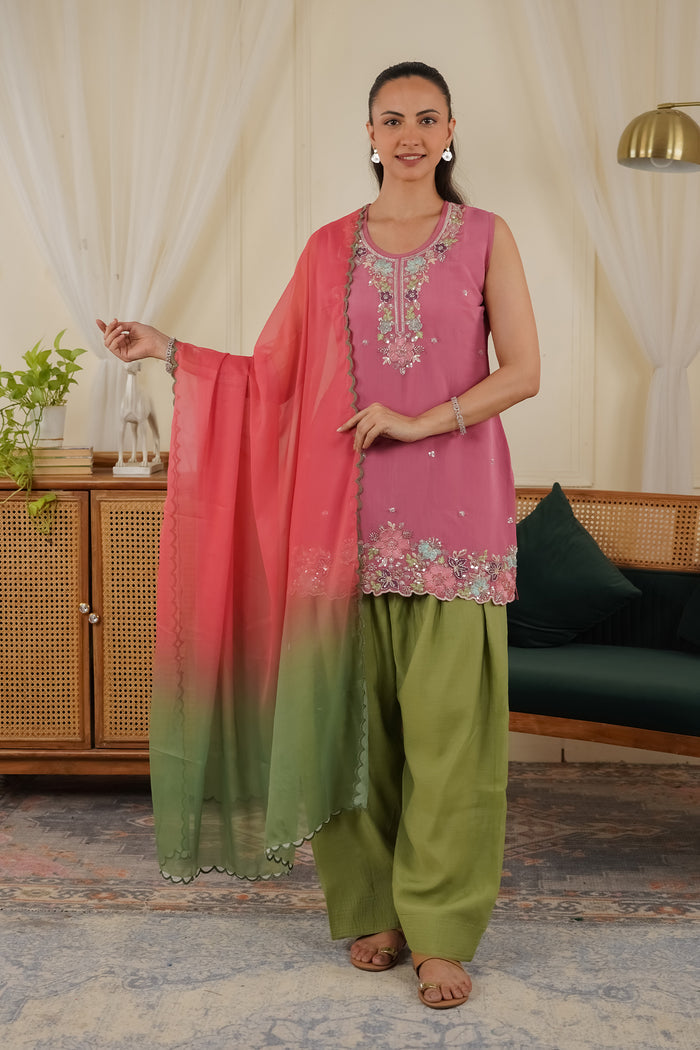 Printed Organza Dupatta in Blush Pink & Olive