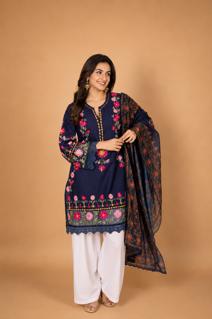 Printed Organza Dupatta in Navy Blue