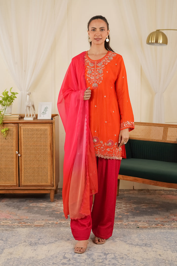 Printed Organza Dupatta in Orange Pink Bottom
