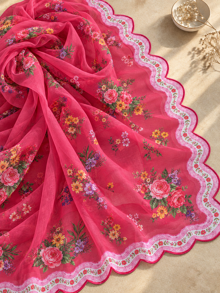 Printed Organza Dupatta in Pink with Multicolour