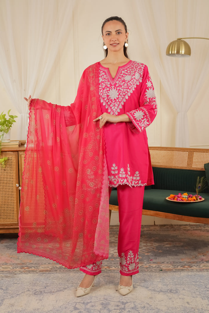 Printed Organza Dupatta in Rani Pink