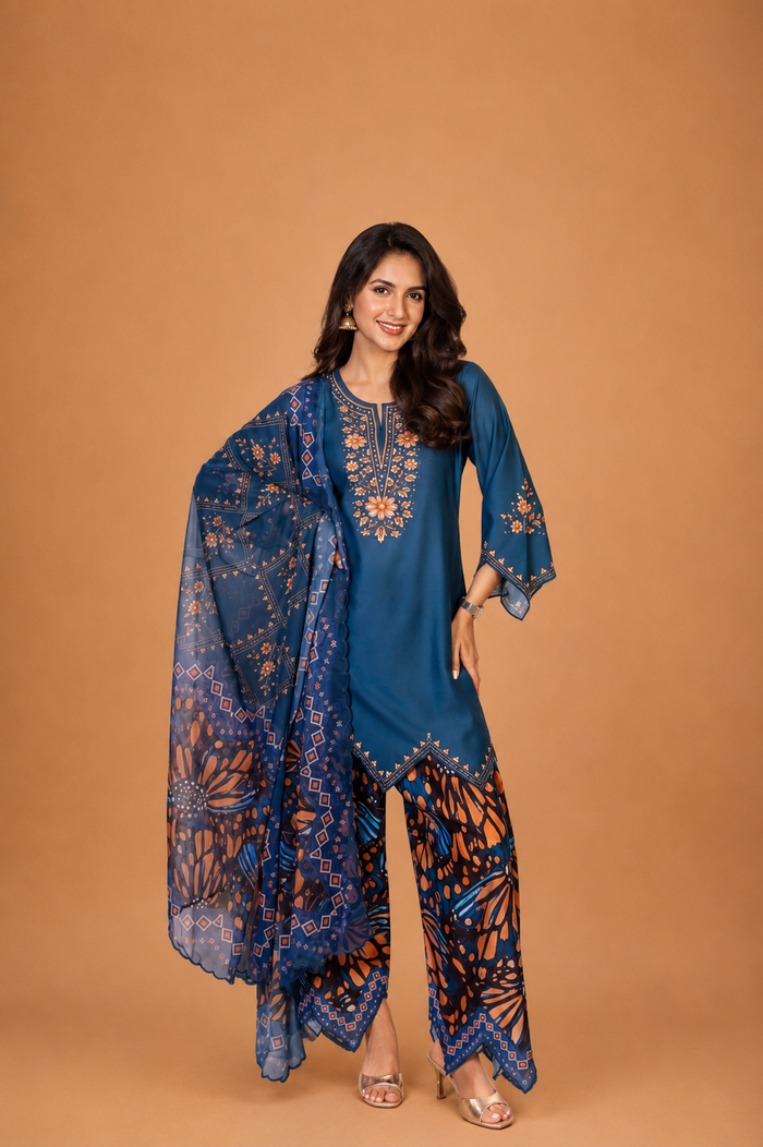 Printed Organza Dupatta in Teal Blue
