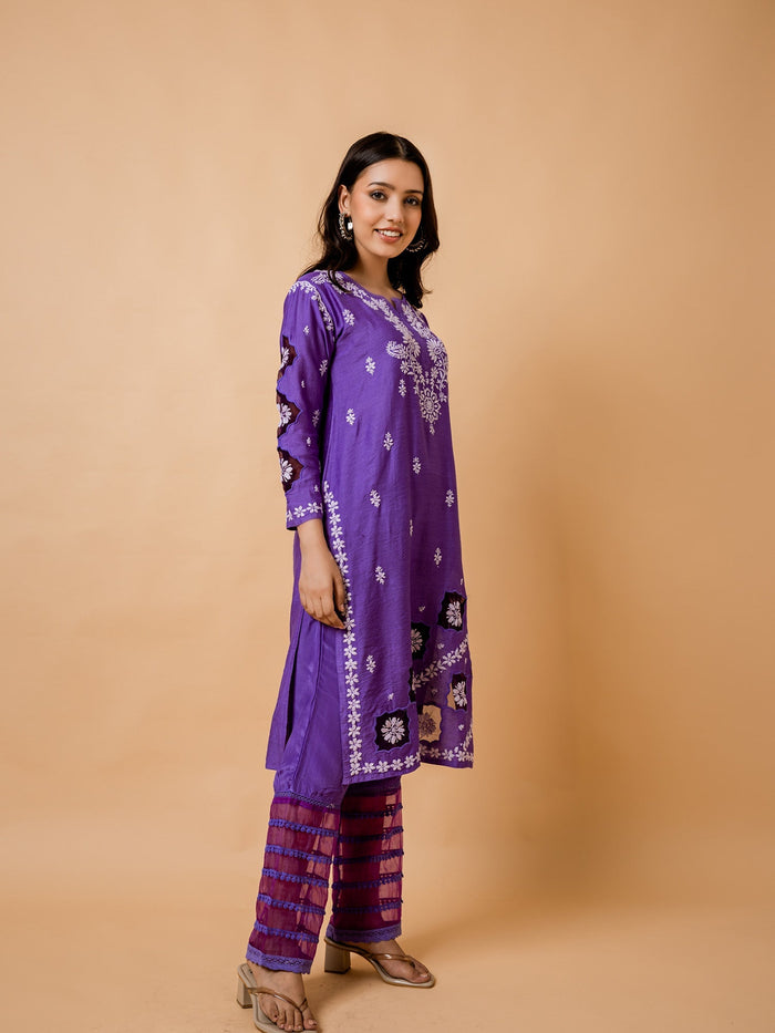 Purple Chikankari Chanderi Silk Kurta by Fizaa