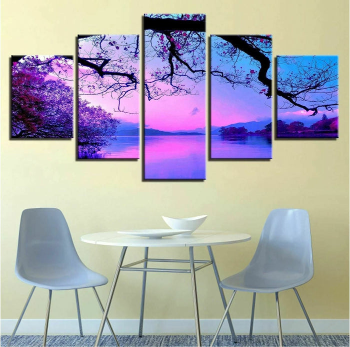 Purple Sunset Trees Lake Wall Art Frame Canvas Printing Decor - BlueArtDecor
